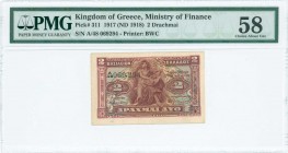 GREECE: 2 Drachmas (ND 1922) in dark red on multicolor unpt with Orpheus with lyre at center. S/N: "A/48 069294". Printed by BWC. Inside holder by PMG...