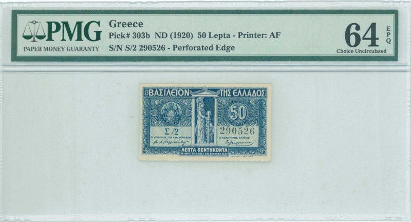 GREECE: 50 Lepta (ND 1920) in blue with standing Athena at center. Linear perfor...