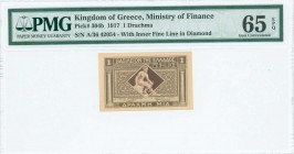 GREECE: 1 Drachma (ND 1922) in dark brown and brown with Hermes seated at center. Inner line in rhombus surrounding Hermes. S/N: "A/36 42054". Printed...