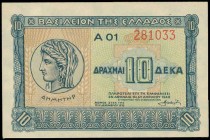 GREECE: 18x 10 Drachmas (6.4.1940) in blue on light green and light brown unpt with ancient coin with Goddess Demeter at left. Consecutive S/N: "A01 2...