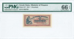 GREECE: 1 Drachma (18.6.1941) in red and blue on gray underprint with seated Aristippos from Kyrini at left. S/N: "Δ 033783". Printed by Aspiotis-ELKA...