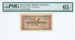 GREECE: 5 Drachmas (18.6.1941) in red and black on pale yellow with wall painting from Knossos at center. S/N: "KB 384228". Printed by Aspiotis-ELKA. ...