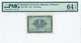GREECE: 1 Drachma (9.11.1944) in blue on blue-green unpt with value at center. Printed in Athens. Inside holder by PMG "Choice Uncirculated 64 - EPQ"....