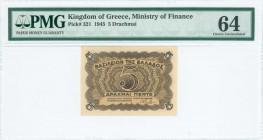 GREECE: 5 Drachmas (15.1.1945) in brown on yellow-orange unpt with value at center. Printed in Athens. Inside holder by PMG "Choice Uncirculated 64". ...