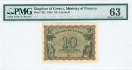 GREECE: 10 Drachmas (9.11.1944) in brown on orange and green unpt with value at center and two workers at left and right. Printed in Athens. Inside ho...