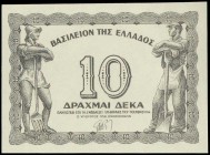 GREECE: Color proof of face of 10 Drachmas (9.11.1944) with value at center and two workers at left and right. Printed in Athens. (Hellas 238p) & (Pic...