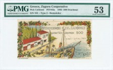 GREECE: 500 Drachmas (1.7.1945) Zagoras payment order in multicolor. Uniface. Never issued. Handwritten S/N: "183". Printed in Volos. Inside holder by...