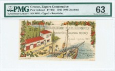GREECE: 1000 Drachmas (1.7.1945) Zagoras payment order in multicolor. Uniface. Never issued. Large printed S/N: "9892". Printed in Volos. Inside holde...