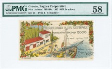 GREECE: 5000 Drachmas (1.7.1945) Zagoras payment order in multicolor. Uniface. Never issued. Handwritten S/N: "61". Printed in Volos. Inside holder by...