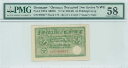 GREECE: 50 Reichspfennig (ND 1941) in green with eagle with swastika at bottom left, German treasury notes issued for occupied teritories. S/N: "177-9...