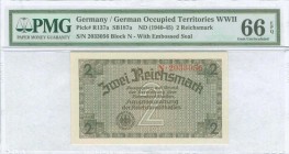 GREECE: 2 Reichsmark (ND 1941) in green and brown on grey and light brown with eagle with swastika at bottom left, German treasury notes issued for oc...