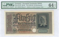 GREECE: 50 Reichsmark (ND 1941) in blue-black on dull violet unpt with portrait of German farmer woman at right, German treasury notes issued for occu...