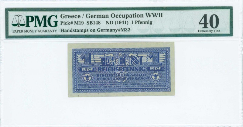 GREECE: 1 Reichpfennig (ND 1944) in dark blue with eagle with small swastika in ...