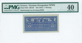 GREECE: 1 Reichpfennig (ND 1944) in dark blue with eagle with small swastika in unpt at center. Wermacht notes of German armed forces handstamped in T...