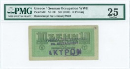 GREECE: 10 Reichspfennig (ND 1944) in light green with eagle with small swastika in unpt at center. Wermacht notes of German armed forces handstamped ...