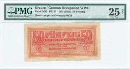 GREECE: 50 Reichspfennig (ND 1944) in dark red on orange unpt with eagle with small swastika in unpt at center. Wermacht notes of German armed forces ...