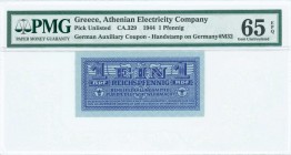 GREECE: 1 Reichspfennig (ND 1942) in dark blue with eagle with small swastika in unpt at center. Wermacht notes of German armed forces. Handstamp "ΗΛΕ...
