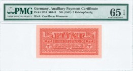 GREECE: 5 Reichspfennig (ND 1942) in dark red with eagle with small swastika in unpt at center. Wermacht notes of German armed forces. Uniface. Printe...