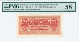 GREECE: 50 Reichspfennig (ND 1942) in dark red on orange unpt with eagle with small swastika in unpt at center. Wermacht notes of German armed forces....