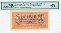 GREECE: 1 Reichsmark (ND 1942) in brown on orange unpt with eagle with small swastika in unpt at center. Wermacht notes of German armed forces. Unifac...