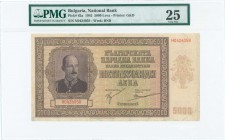 GREECE: 5000 Leva (1942) in dark brown on green and light orange unpt with portrait of King Boris III at left. S/N: "HO424059". WMK: BNB. Printed by G...