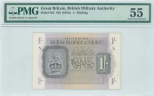 GREECE: 1 Shiling (ND 1943-1945) in black on gray and violet unpt with Coat of Arms of the British army at right. Block "S". Printed by Bank of Englan...