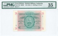 GREECE: 2 Shilings & 6 Pence (ND 1943-1945) in green on pink unpt with Coat of Arms of the British army at center. Block "X" (X stands for Yugoslavia)...
