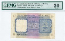 GREECE: 10 Shilings (1944 circulated in Greece) in blue on olive and lilac unpt with Coat of Arms of the British army at right. S/N: "04R 674827". WMK...