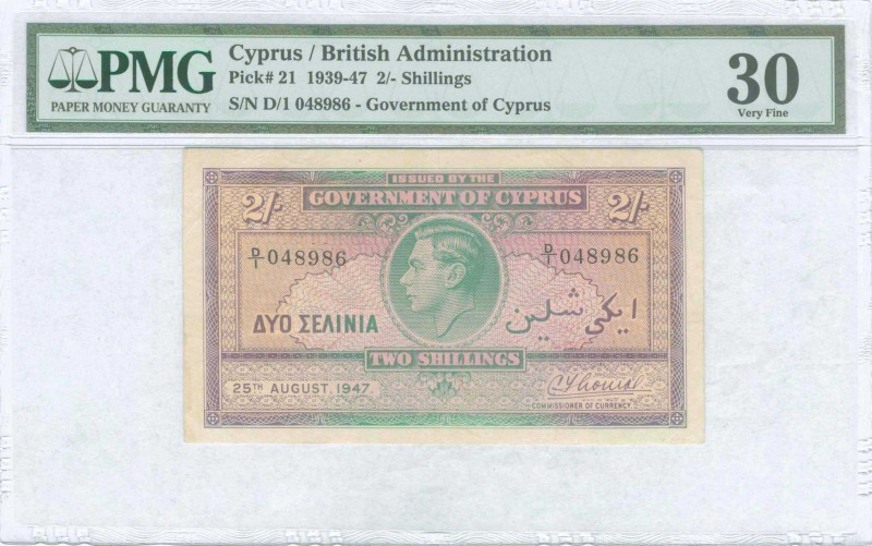 GREECE: 2 Shillings (25.8.1947) in green and violet with portrait of King George...