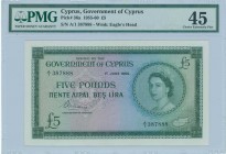 GREECE: 5 Pounds (1.6.1955) in green on multicolor unpt with portrait of Queen Elizabeth II at right and map at lower right. S/N: "A/1 387888". WMK: E...
