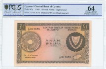 GREECE: 1 Pound (1.3.1968) in brown on multicolor unpt with Arms at right and map at lower right. S/N: "C/27 012678". WMK: Eagles head. Printed by BWC...