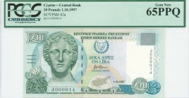 GREECE: 10 Pounds (1.10.1997) in olive-green and blue-green on multicolor unpt with marble head of Artemis at left and Arms at upper center. Low S/N: ...