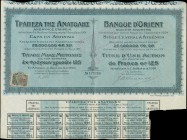 GREECE: "ΤΡΑΠΕΖΑ ΤΗΣ ΑΝΑΤΟΛΗΣ" bond certificate for 1 share (No. 179266) of 125 Francs, issued in Athens 1.7.1910. 10 coupons attached. Creased....