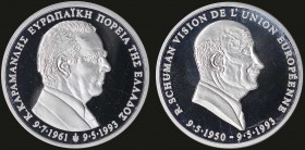 GREECE: Commemorative medal (1993) in silver (0.900) featuring 2 historical decisions for Greeces and Europes future. On obverse: "R. Schuman" for the...