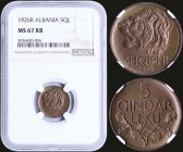 ALBANIA: 5 Qindar Leku (1926 R) in bronze with lions head facing left. Value above oak branch on reverse. Inside slab by NGC "MS 67 RB". Top grade in ...