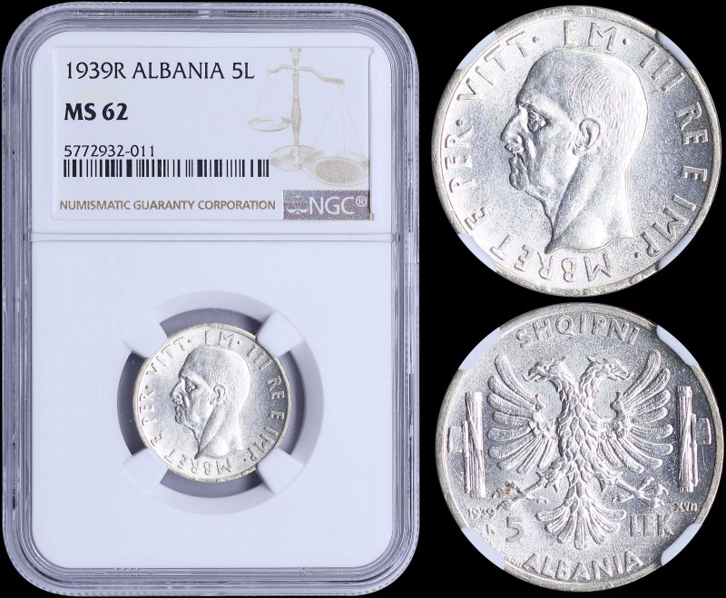 ALBANIA: 5 Lek (1939 R) in silver (0,835) with head of Vittorio Emanuele III fac...