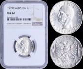 ALBANIA: 5 Lek (1939 R) in silver (0,835) with head of Vittorio Emanuele III facing left. Double-head eagle between fasces and value on reverse. Insid...
