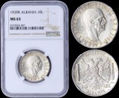 ALBANIA: 10 Lek (1939 R) in silver (0,835) with head of Vittorio Emanuele III facing right. Double-head eagle between fasces and value on reverse. Ins...