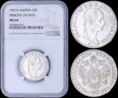 AUSTRIA: 20 Kreuzer (1831 A) in silver (0,583) with head of Franz II facing right with ribbons on wreath forward across neck. Crowned imperial double-...