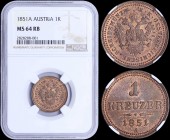 AUSTRIA: 1 Kreuzer (1851 A) in copper with crowned imperial double-head eagle. Denomination and date on reverse. Inside slab by NGC "MS 64 RB". (KM 21...