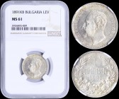 BULGARIA: 1 Lev (1891 KB) in silver (0,835) with head of Ferdinand I facing left. Denomination within wreath on reverse. Inside slab by NGC "MS 61". (...