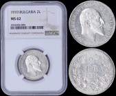 BULGARIA: 2 Leva (1910) in silver (0,835) with head of Ferdinand I facing right. Denomination above date within wreath on reverse. Inside slab by NGC ...