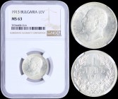 BULGARIA: 1 Lev (1913) in silver (0,835) with head of Ferdinand I facing left. Denomination above date within wreath. Inside slab by NGC "MS 63". (KM ...