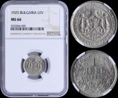 BULGARIA: 1 Lev (1925) in copper-nickel with crowned Arms with supporters on ornate shield. Denomination above date within wreath on reverse. Inside s...
