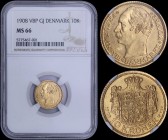 DENMARK: 10 Kroner (1908 VBP GJ) in gold (0,900) with head of Frederik VIII facing left. Draped crowned national Arms above date, value, mint mark and...