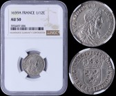 FRANCE: 1/12 Ecu (1659 A) in silver (0,917) with laureatte bust of Luis XIV facing right. Crowned shield of France on reverse. Inside slab by NGC "AU ...