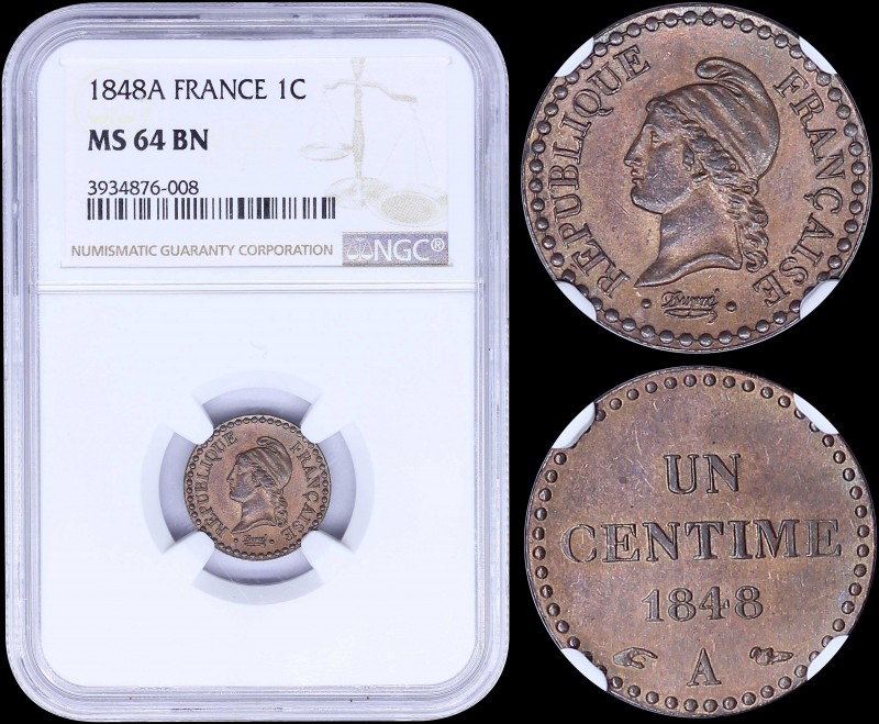 FRANCE: 1 Centime (1848 A) in bronze with Liberty head facing left. Denomination...