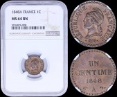 FRANCE: 1 Centime (1848 A) in bronze with Liberty head facing left. Denomination on reverse. Inside slab by NGC "MS 64 BN". (KM 754).