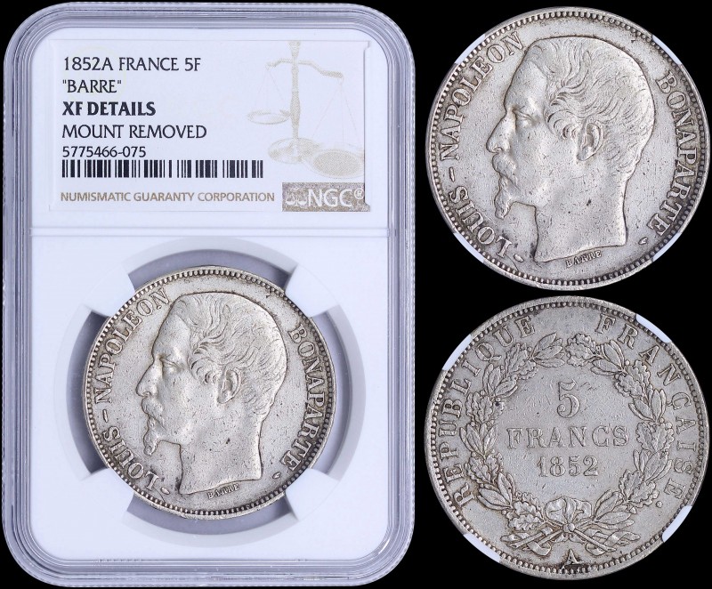 FRANCE: 5 Francs (1852 A) in silver (0,900) with head of Louis Napoleon Bonapart...