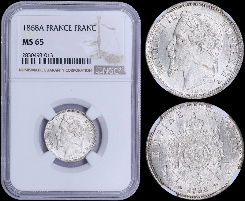 FRANCE: 1 Franc (1868 A) in silver (0,835) with head of Napoleon III facing left...